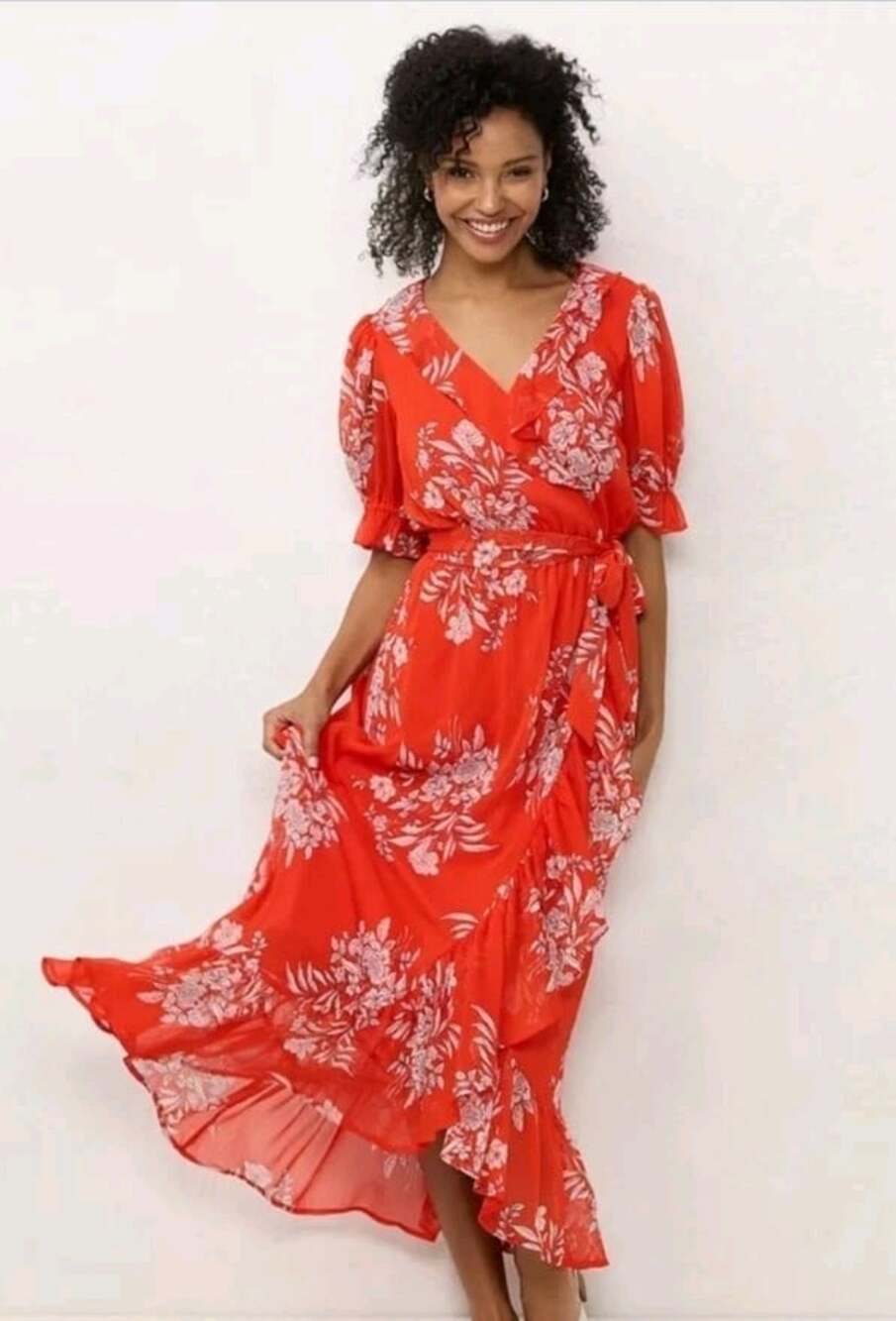 LC Lauren Conrad Red Floral Chiffon Ruffle Wrap Maxi Dress Tomato Girl Style
